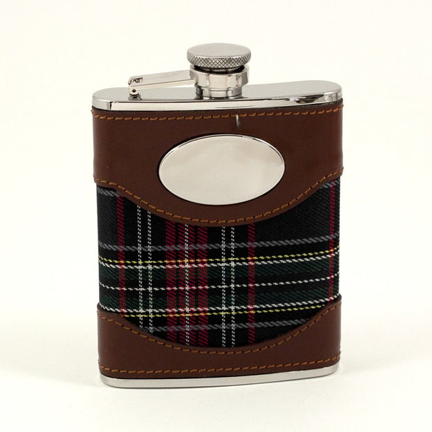 Brown Leather & Blue Plaid Fabric Flask